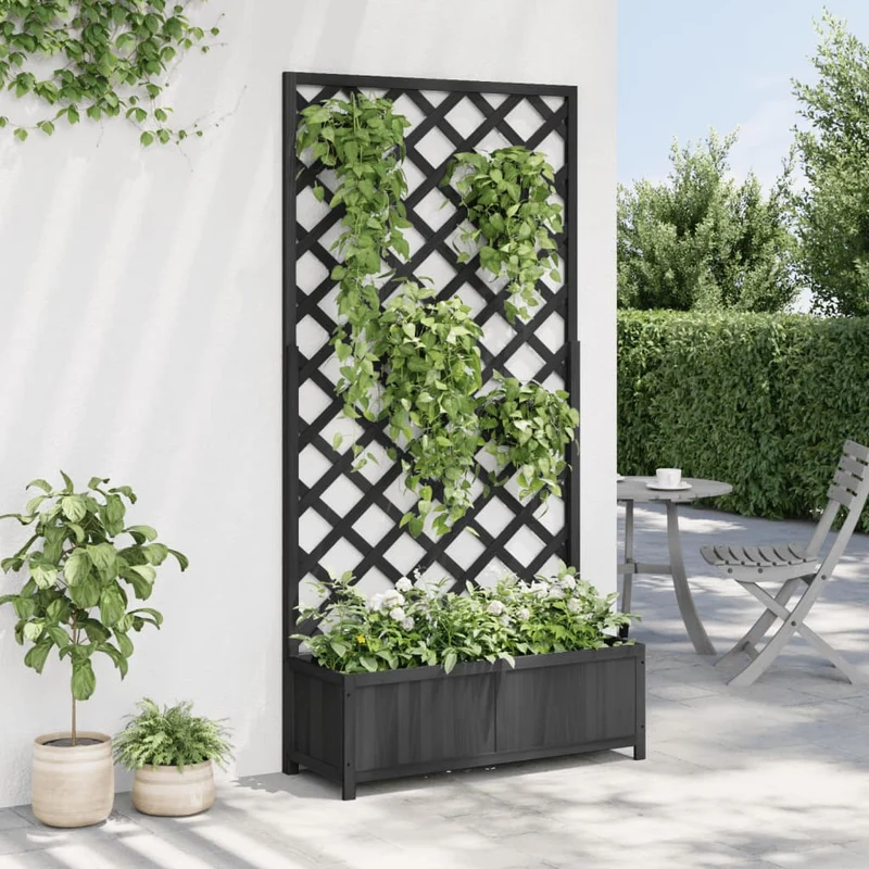 Jardinera Con Enrejado Negro 90x35x180 Cm Madera Maciza De Abeto