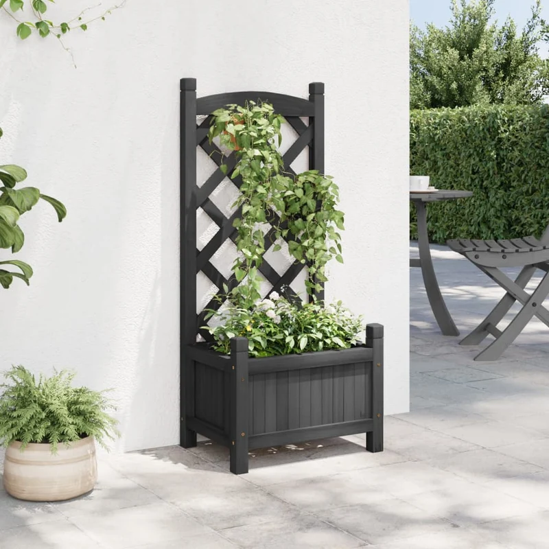 Jardinera Con Enrejado Negro 40x30x90 Cm Madera Maciza De Abeto