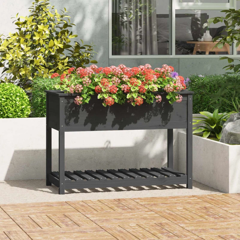 Jardinera Con Estante Madera Maciza De Pino Gris 111,5x54x81 Cm