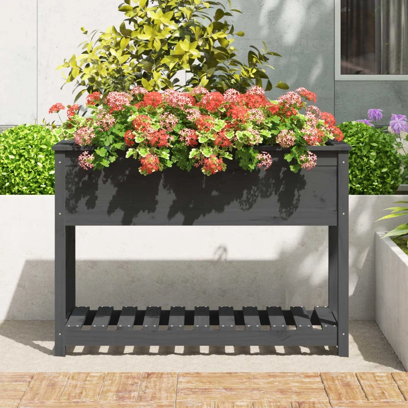 Jardinera Con Estante Madera Maciza De Pino Gris 111,5x54x81 Cm