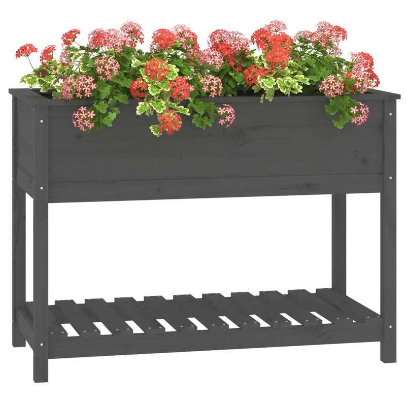 Jardinera Con Estante Madera Maciza De Pino Gris 111,5x54x81 Cm
