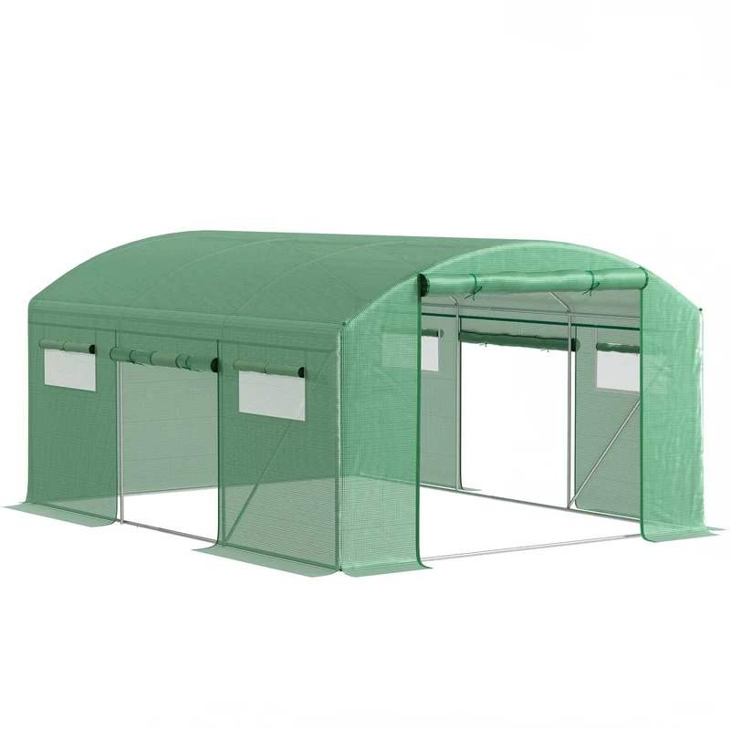 Outsunny Invernadero De Túnel 4x3x2 M Con 6 Ventanas 3 Puertas Enrollables Verde