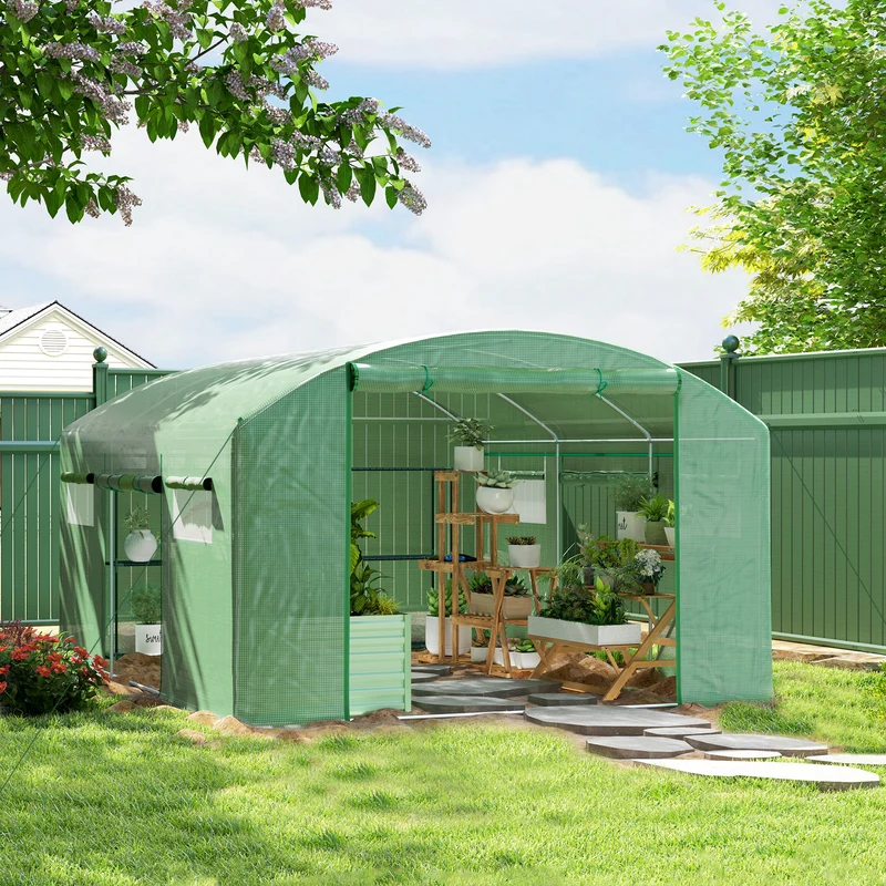 Outsunny Invernadero De Túnel 4x3x2 M Con 6 Ventanas 3 Puertas Enrollables Verde
