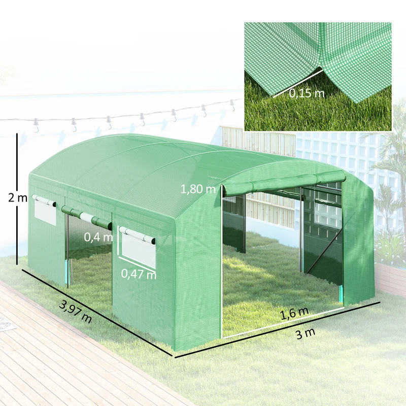 Outsunny Invernadero De Túnel 4x3x2 M Con 6 Ventanas 3 Puertas Enrollables Verde