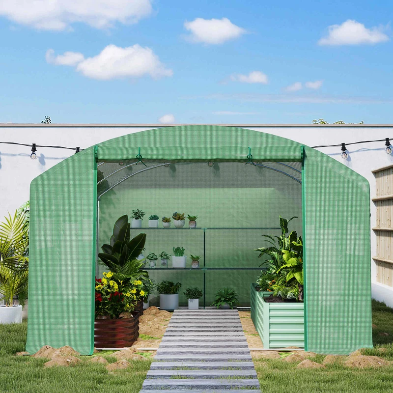 Outsunny Invernadero De Túnel 4x3x2 M Con 6 Ventanas 3 Puertas Enrollables Verde
