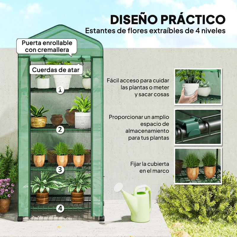 Outsunny Invernadero De Exterior Con 4 Estantes Ruedas Y Cubierta De Pe Verde