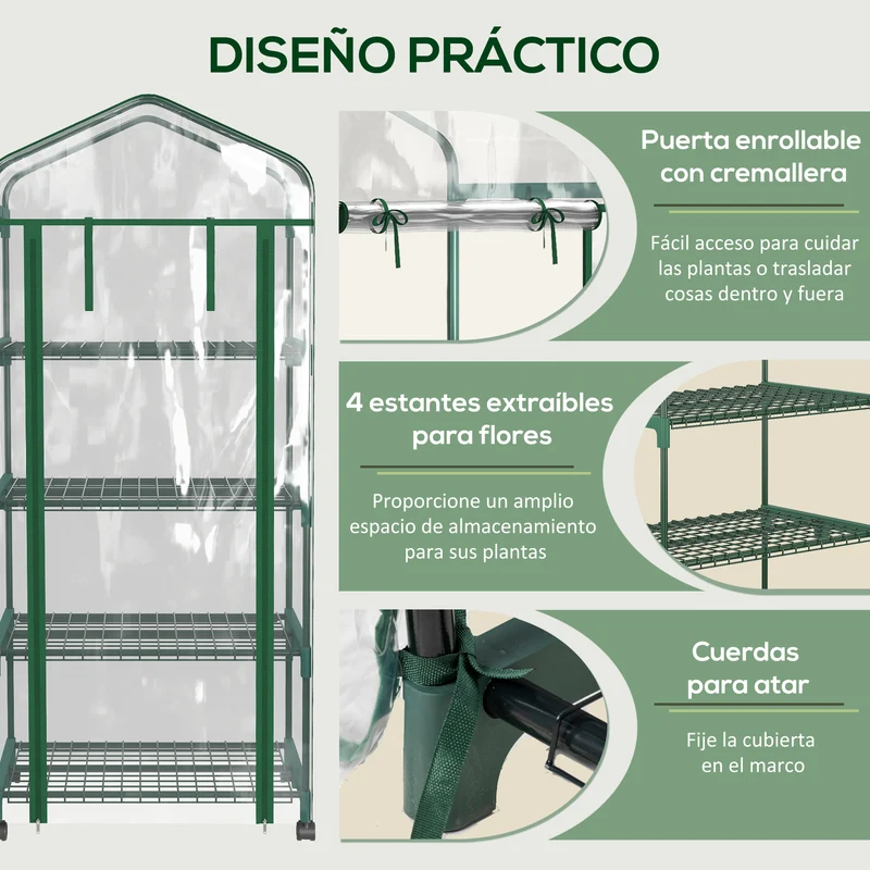 Outsunny Invernadero Pequeño Con Ruedas Estantes De 4 Niveles Transparente
