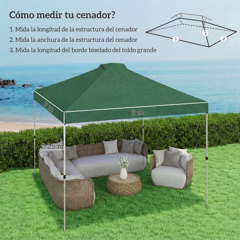 Outsunny Toldo de Pérgola de Recambio 3x3 m Techo de Repuesto para Carpa Plegable de Jardín de Tela Oxford 210D con 8 Orificios de Drenaje y Doble Ventilación Protección UV 50+ SOLO TOLDO Verde
