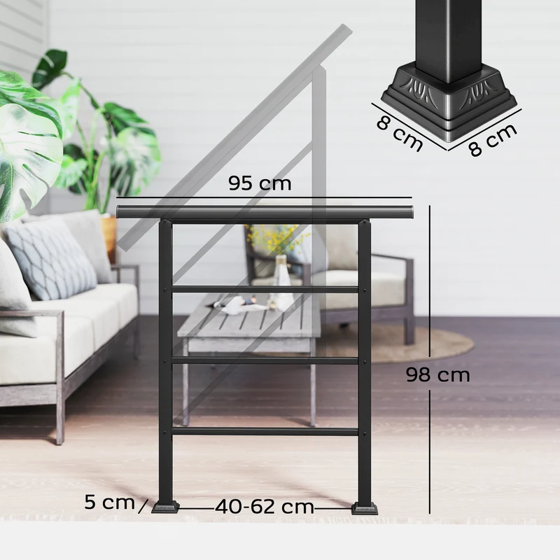 Outsunny Barandilla de Escalera, 95 cm, Pasamanos para Escalera con Kit de Instalación, Ángulo Ajustable para 1-3 Escalones, para Porches, Madera y Concreto, para Exterior, Terraza, Patio, Negro