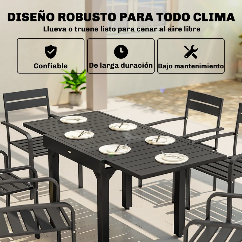 Outsunny Mesa de Jardín Extensible, Mesa de Comedor Exterior Extensible 80/160x80 cm, de Aluminio, con Superficie de Lamas, Carga 70 kg, Mesita Rectangular para 4-6 Personas, para Patio, Terraza, Negro
