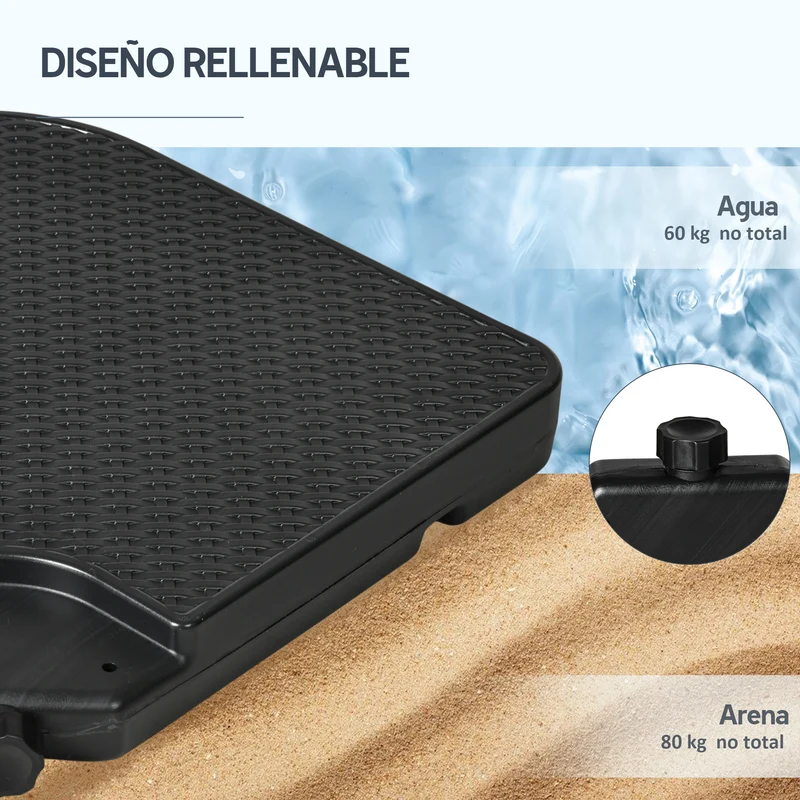 Outsunny Base para Sombrilla de 4 Piezas, Soporte para Parasol de HDPE Rellenable con Agua 59 kg o Arena 80 kg, para Jardín, Patio, Terraza, Negro