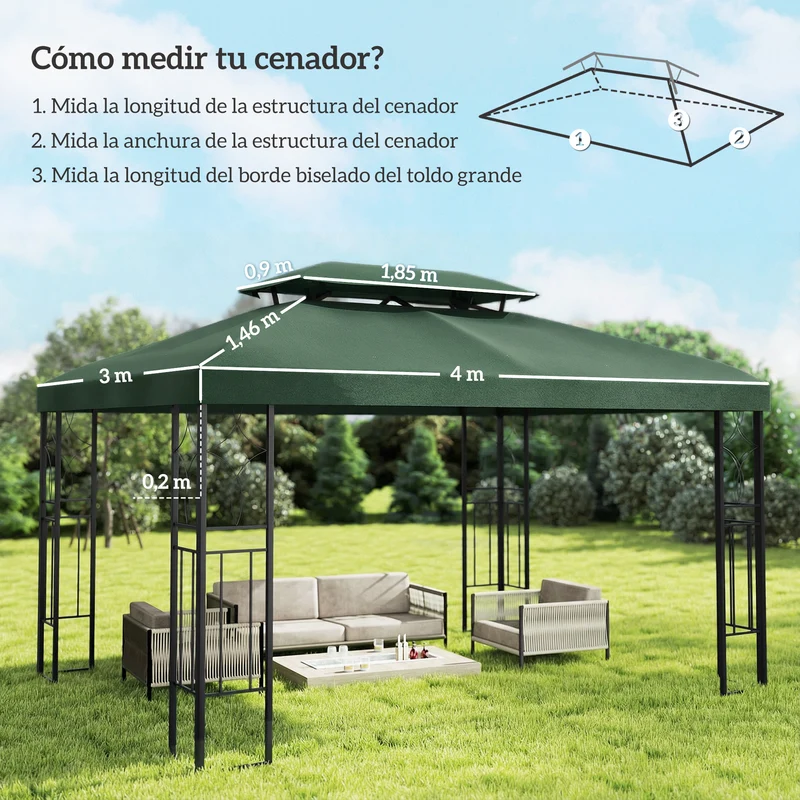 Outsunny Techo de Repuesto para Cenador, 4x3 m, Cubierta de Repuesto con Techo Doble, 10 Orificios de Drenaje y Protección UV, SOLO Toldo de Recambio para Pabellón Gazebo, Verde