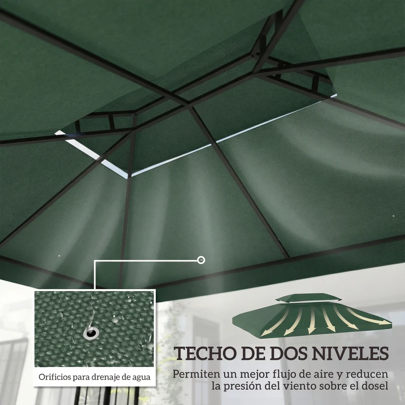 Outsunny Techo de Repuesto para Cenador, 4x3 m, Cubierta de Repuesto con Techo Doble, 10 Orificios de Drenaje y Protección UV, SOLO Toldo de Recambio para Pabellón Gazebo, Verde