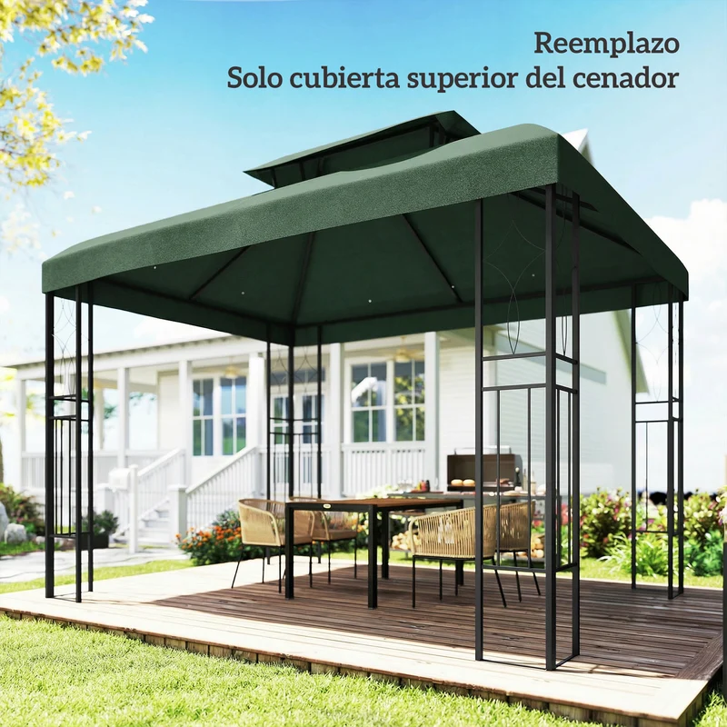 Outsunny Techo de Repuesto para Cenador, 4x3 m, Cubierta de Repuesto con Techo Doble, 10 Orificios de Drenaje y Protección UV, SOLO Toldo de Recambio para Pabellón Gazebo, Verde