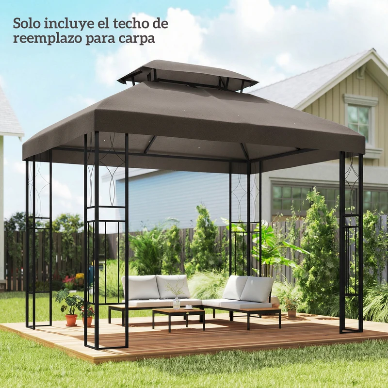 Outsunny Techo de Repuesto para Cenador, 4x3 m, Cubierta de Repuesto con Techo Doble, 10 Orificios de Drenaje y Protección UV, SOLO Toldo de Recambio para Pabellón Gazebo, Marrón