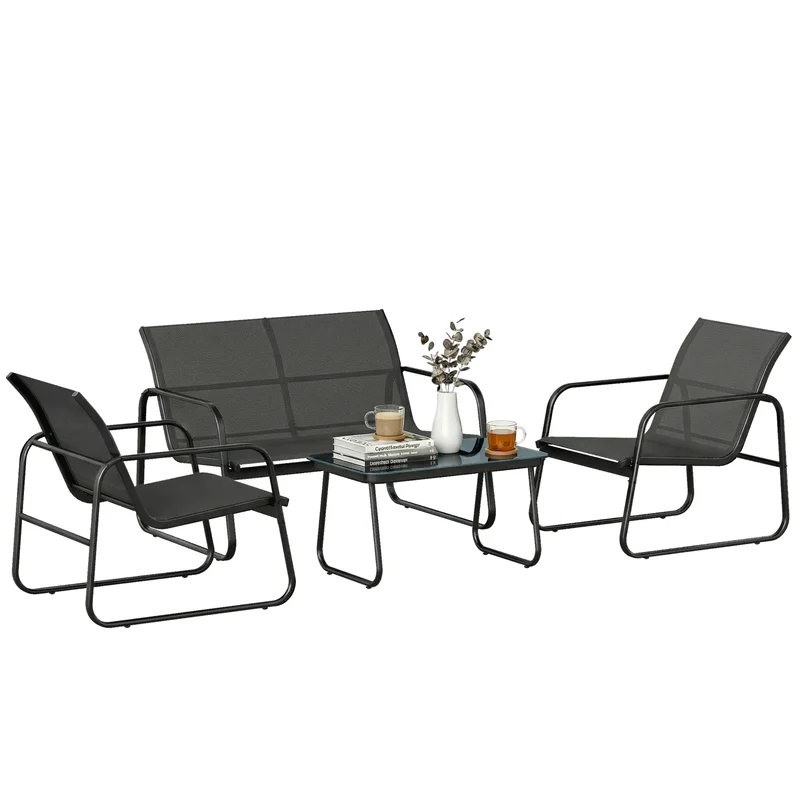 Outsunny Conjunto Jardín Exterior de 4 Piezas, Muebles Jardín Exterior con Sofá de 2 Plazas, 2 Sillones, Mesa de Vidrio Templado, Tela de Textilene Transpirable, Estructura de Acero, Gris Oscuro