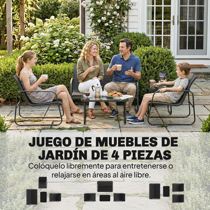 Outsunny Conjunto Jardín Exterior de 4 Piezas, Muebles Jardín Exterior con Sofá de 2 Plazas, 2 Sillones, Mesa de Vidrio Templado, Tela de Textilene Transpirable, Estructura de Acero, Gris Oscuro