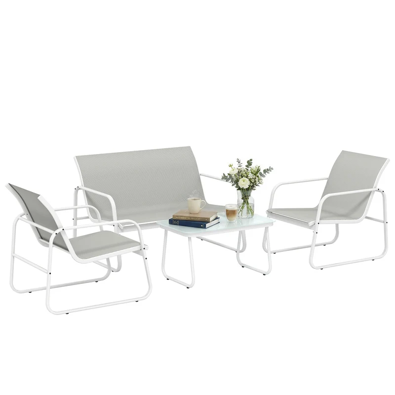 Outsunny Conjunto Jardín Exterior de 4 Piezas, Muebles Jardín Exterior con Sofá de 2 Plazas, 2 Sillones, Mesa de Vidrio Templado, Tela de Textilene Transpirable, Estructura de Acero, Gris Claro