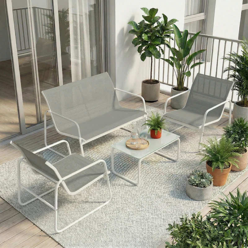 Outsunny Conjunto Jardín Exterior de 4 Piezas, Muebles Jardín Exterior con Sofá de 2 Plazas, 2 Sillones, Mesa de Vidrio Templado, Tela de Textilene Transpirable, Estructura de Acero, Gris Claro