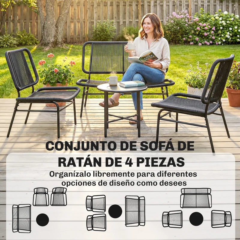 Outsunny Conjunto de Jardín Exterior de Ratán, Conjunto Terraza Resistente a la Intemperie, Muebles Jardín Exterior 4 Piezas Incluye Sofá de 2 Plazas, 2 Sillas, Mesa de Centro con Tapa Metálica, Negro