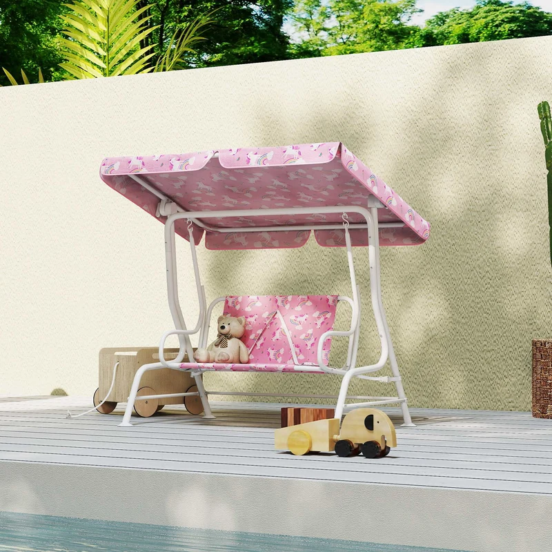 Aiyaplay Columpio Jardín Para Niños De 2 Plazas Toldo Diseño De Unicornio Rosa