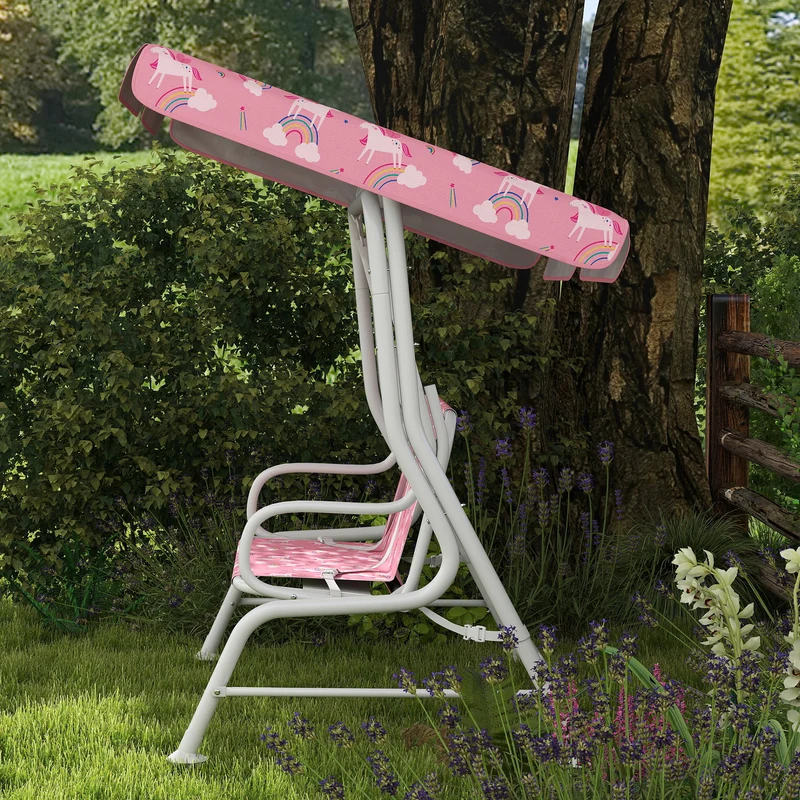 Aiyaplay Columpio Jardín Para Niños De 2 Plazas Toldo Diseño De Unicornio Rosa