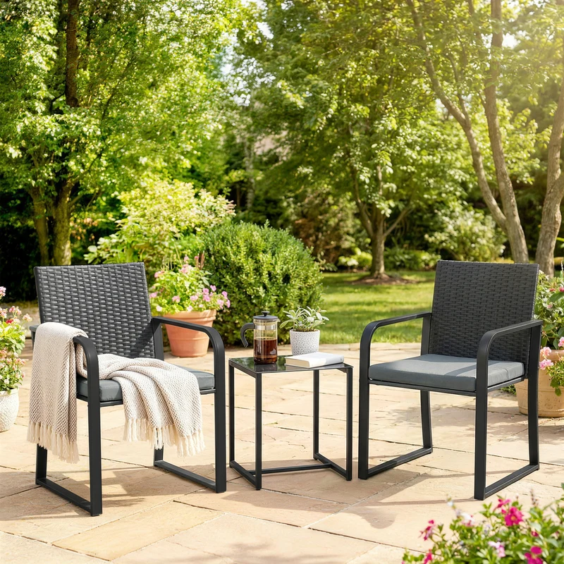Outsunny Muebles De Jardín De Ratán Con 2 Sillas Con Cojines Y Mesa De Vidrio