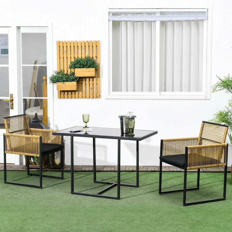 Outsunny Conjunto De Mesa Y Sillas De Jardín Exterior De 3 Piezas Natural Negro
