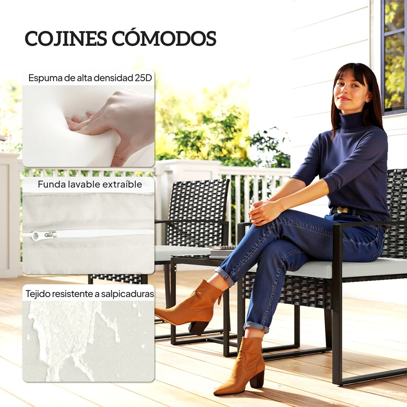 Outsunny Muebles De Jardín Con 2 Sillas Con Cojines Lavables Y Mesa De Vidrio