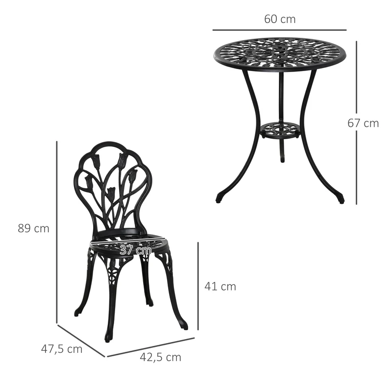 Outsunny Conjunto De Mesa Y Sillas De Terraza Exterior De 3 Piezas Negro