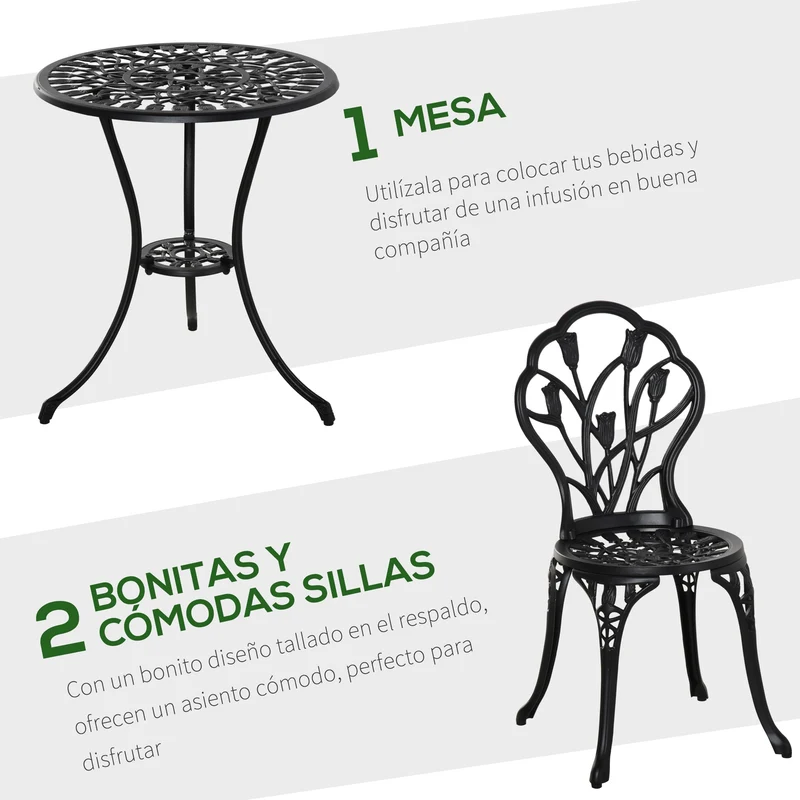 Outsunny Conjunto De Mesa Y Sillas De Terraza Exterior De 3 Piezas Negro