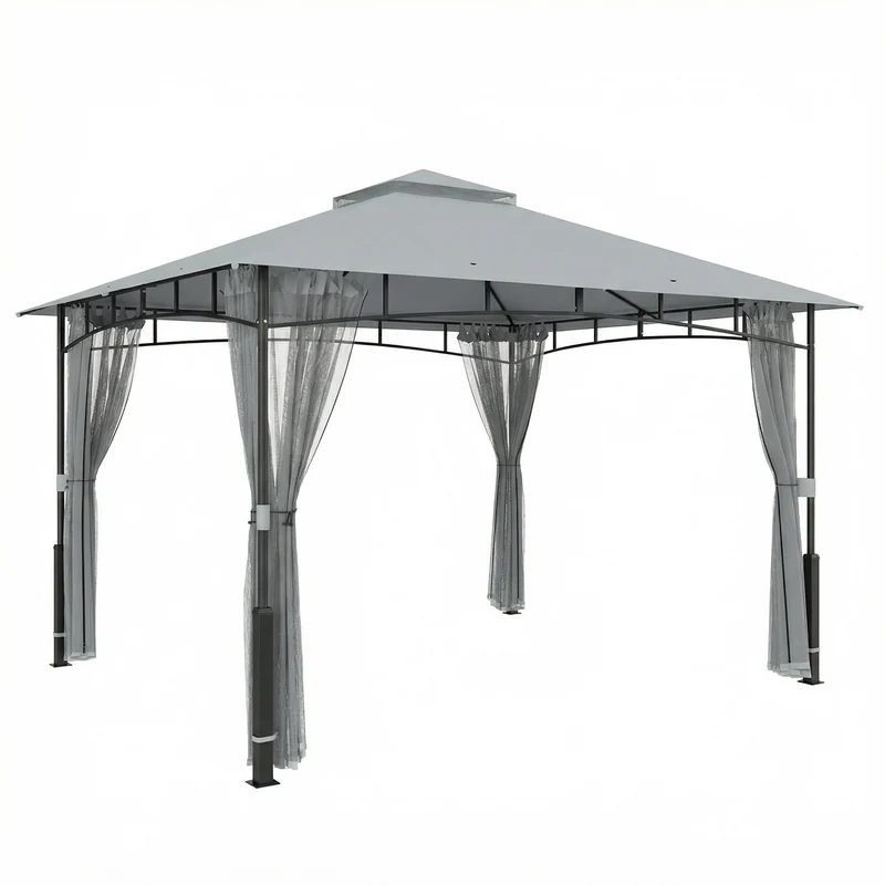 Outsunny Cenador Para Jardín 3x3,6 M Con Doble Techo Paredes De Malla Gris