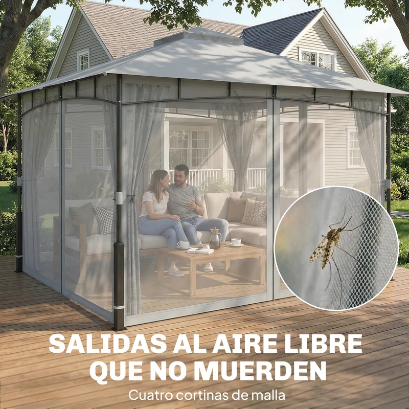 Outsunny Cenador Para Jardín 3x3,6 M Con Doble Techo Paredes De Malla Gris