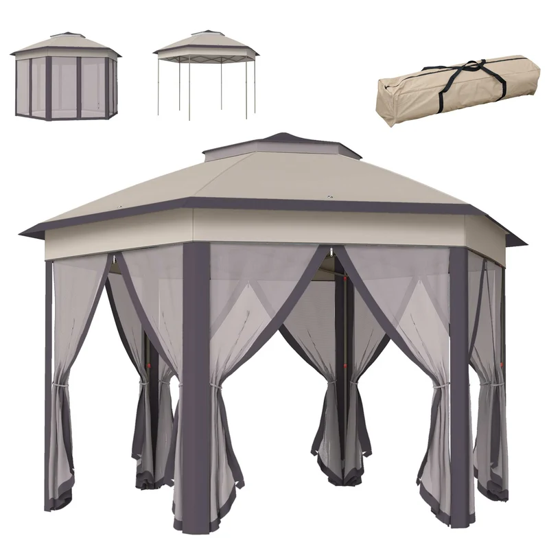 Outsunny Carpa Plegable 4x3,4 M Con Doble Techo 6 Mosquiteras Anti-uv Marrón