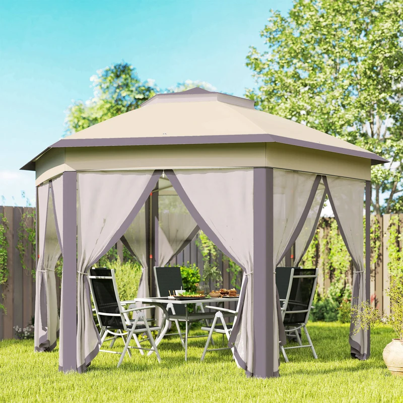 Outsunny Carpa Plegable 4x3,4 M Con Doble Techo 6 Mosquiteras Anti-uv Marrón