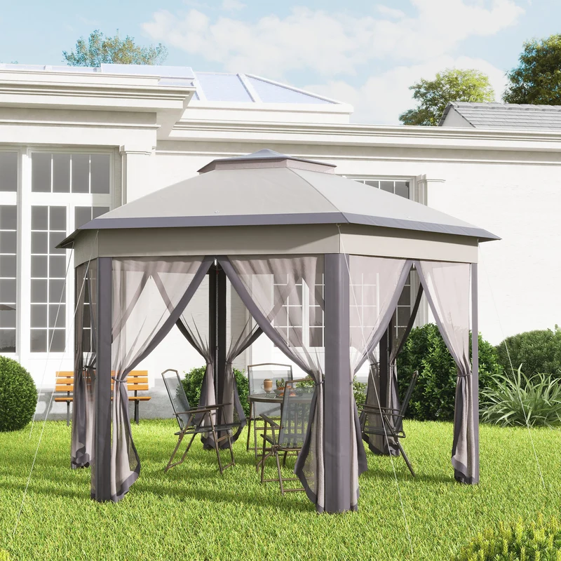 Outsunny Carpa Plegable 4x3,4 M Con Doble Techo 6 Mosquiteras Anti-uv Marrón