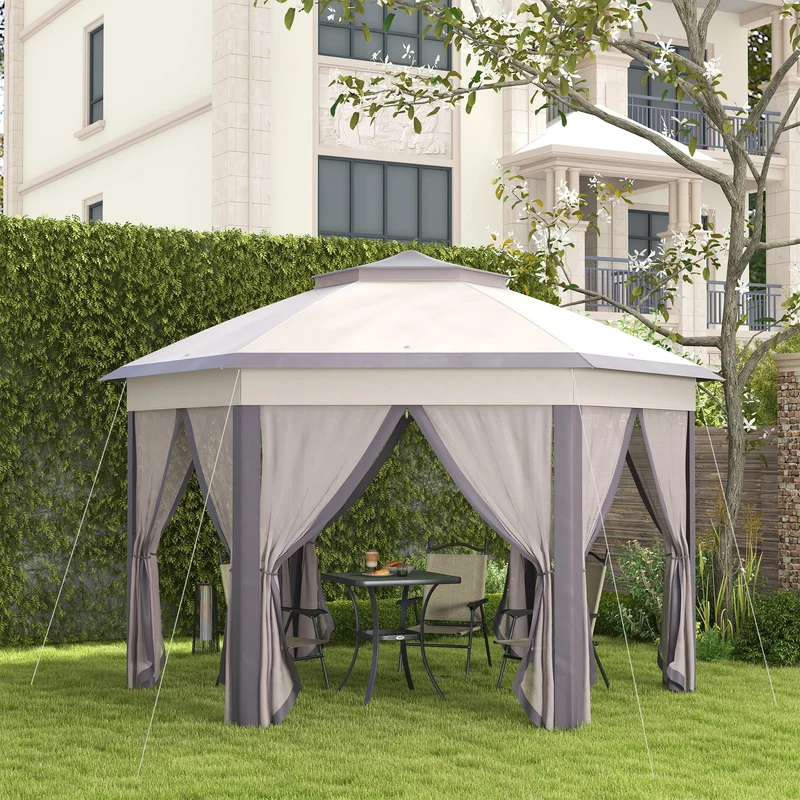 Outsunny Carpa Plegable 4x3,4 M Con Doble Techo 6 Mosquiteras Anti-uv Marrón