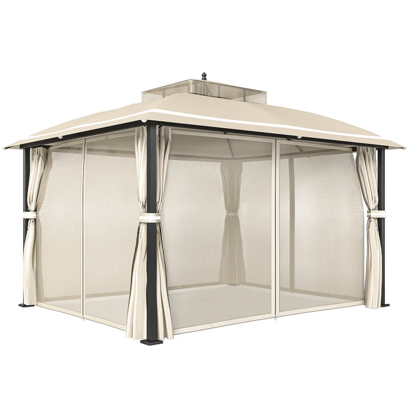 Outsunny Cenador Para Jardín 3x3,7 M Con Paredes Laterales Mosquiteras Beige