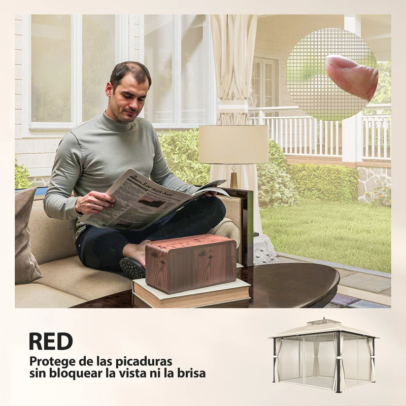 Outsunny Cenador Para Jardín 3x3,7 M Con Paredes Laterales Mosquiteras Beige
