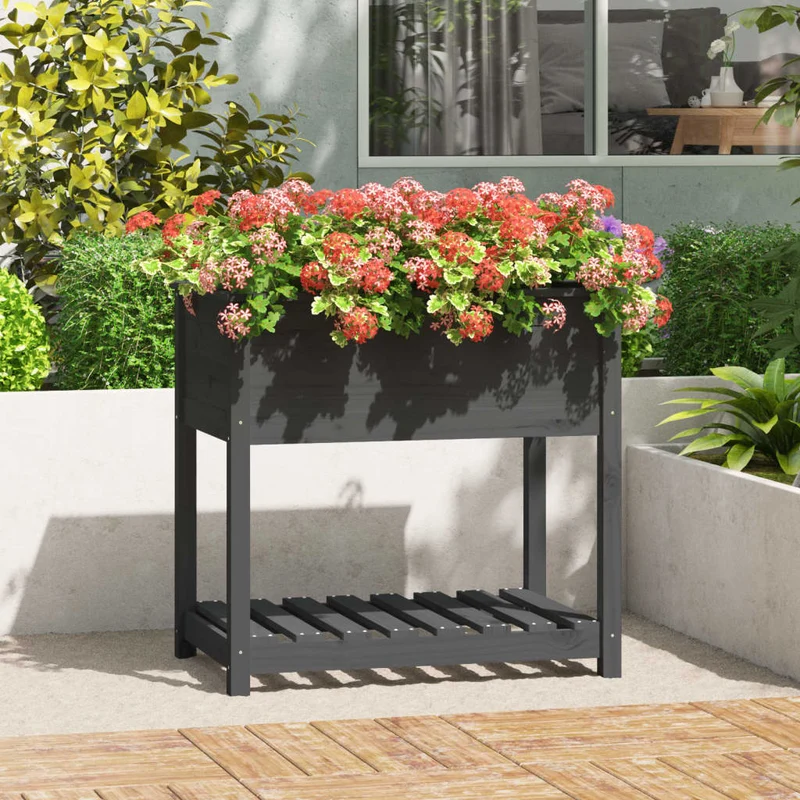 Jardinera Con Estante Madera Maciza De Pino Gris 82,5x54x81 Cm