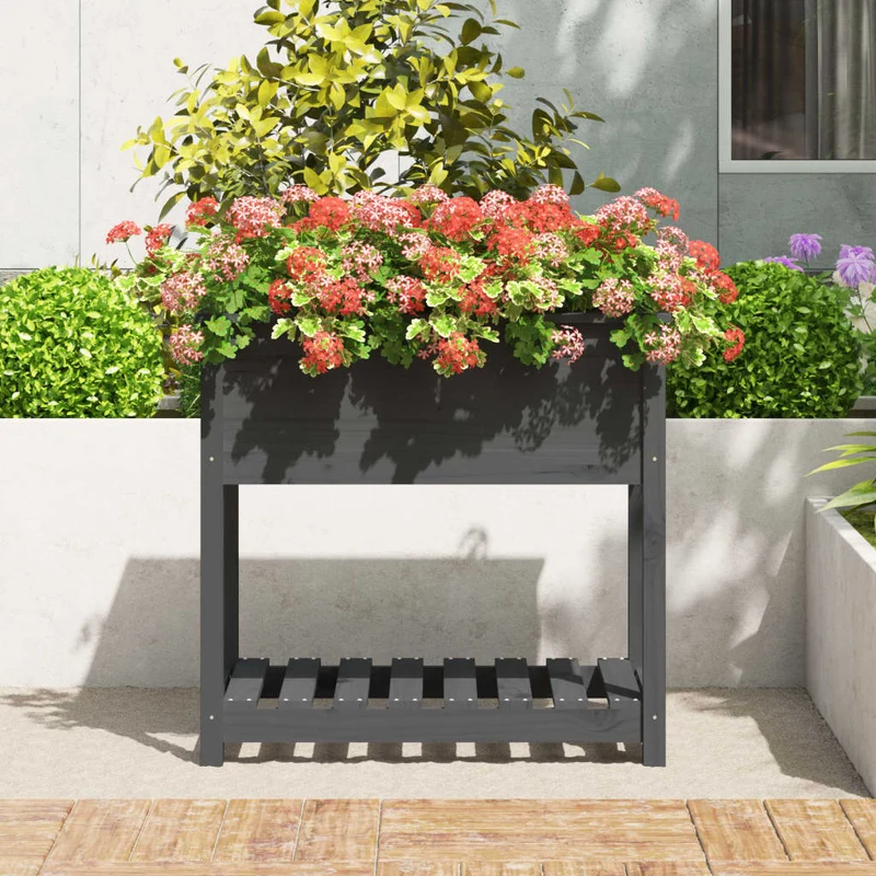 Jardinera Con Estante Madera Maciza De Pino Gris 82,5x54x81 Cm