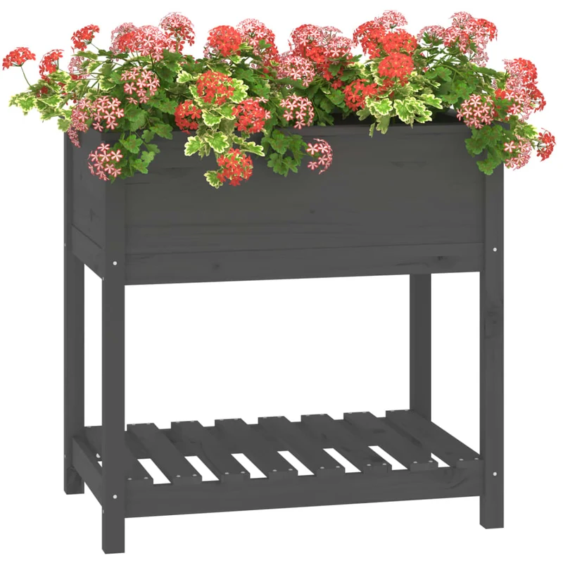 Jardinera Con Estante Madera Maciza De Pino Gris 82,5x54x81 Cm