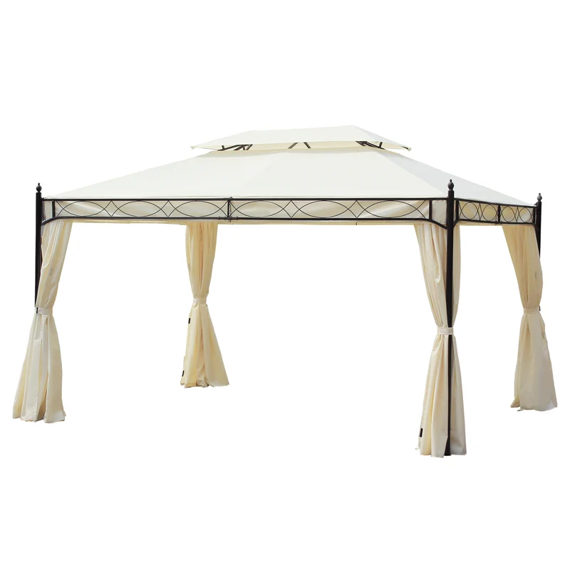 Outsunny Cenador De Jardín 4x3 M Pabellón De Jardín Con Doble Techo Crema
