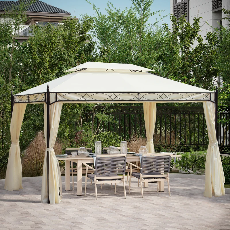 Outsunny Cenador De Jardín 4x3 M Pabellón De Jardín Con Doble Techo Crema