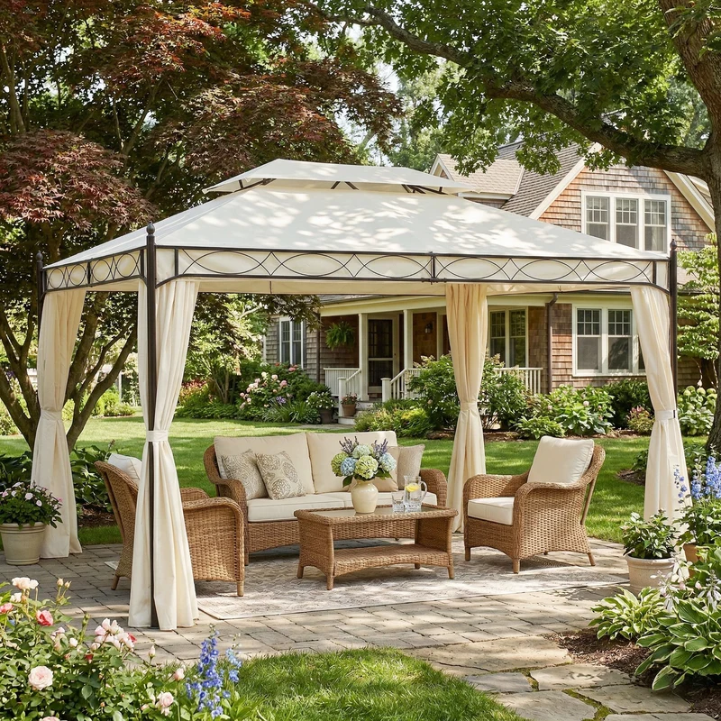 Outsunny Cenador De Jardín 4x3 M Pabellón De Jardín Con Doble Techo Crema