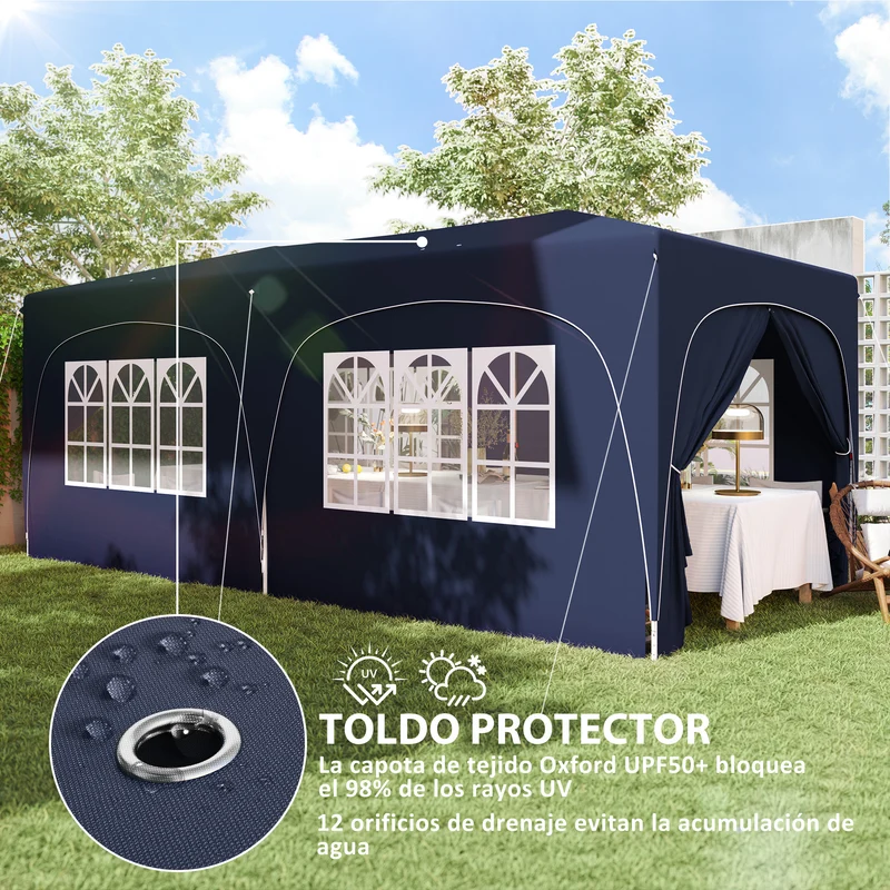 Outsunny Carpa Plegable Gazabo 3x6 M Con Paneles Laterales Upf50+ Azul Oscuro