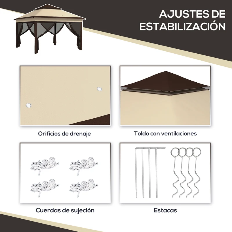 Outsunny Carpa Plegable 3,26x3,26x2,72 M Con Doble Techo Altura Ajustable Beige