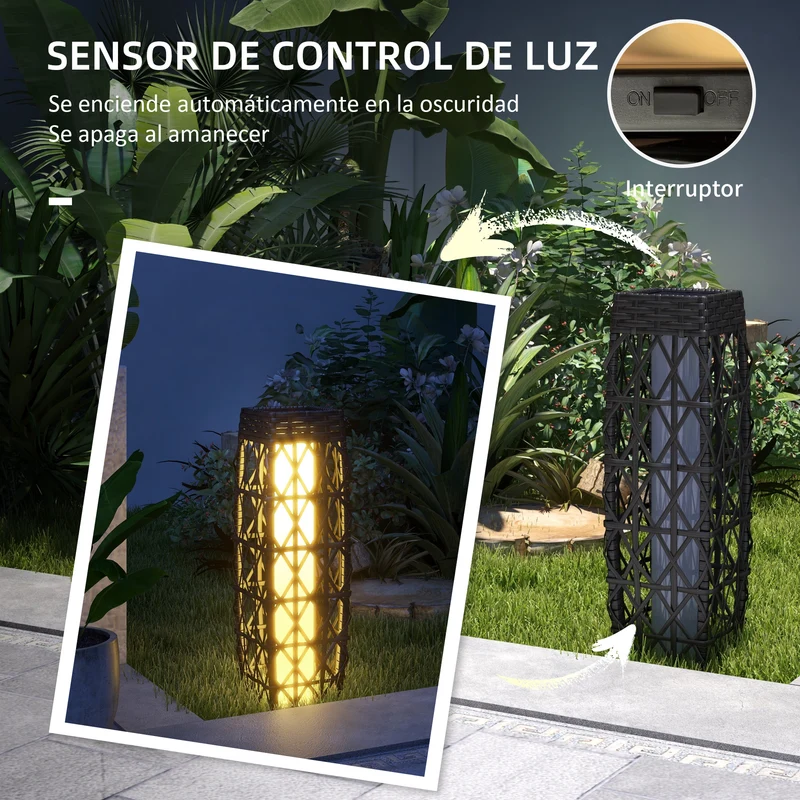 Outsunny Linterna De Jardín De Ratán Sintético Con Luces 20x20x68 Cm Gris