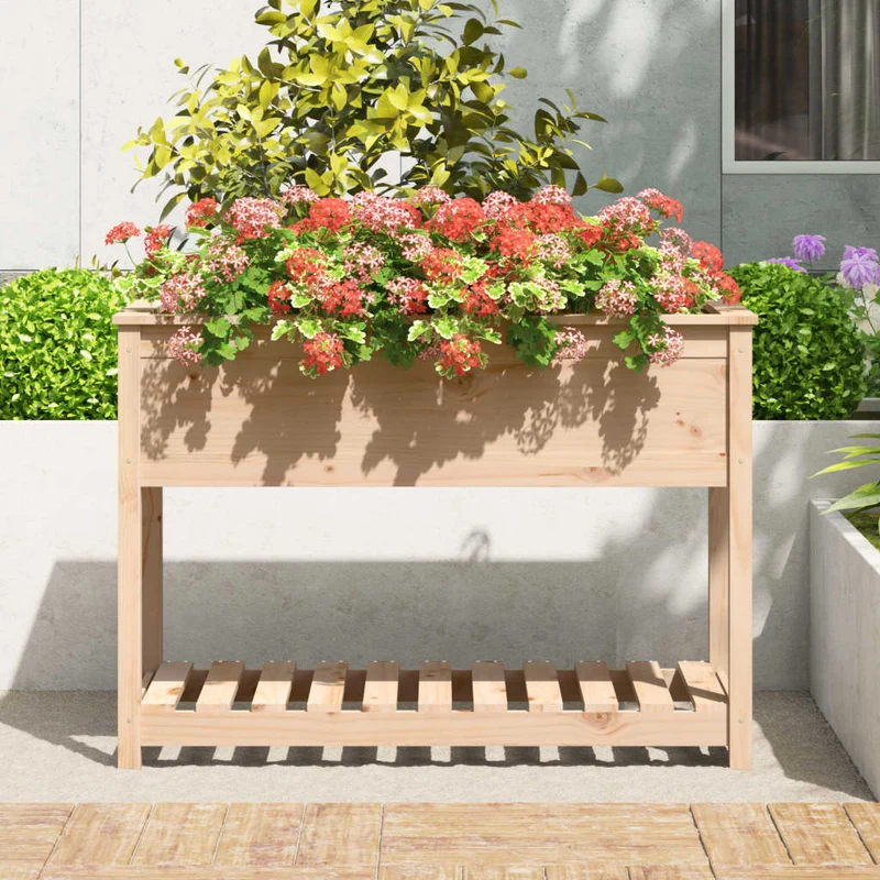 Jardinera Con Estante De Madera Maciza De Pino 111,5x54x81 Cm