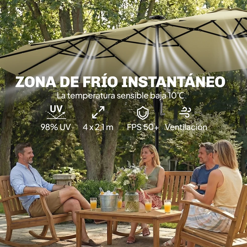 Outsunny Sombrilla Doble 4x2 M Con 36 Luces Led Manivela Upf50+ Beige